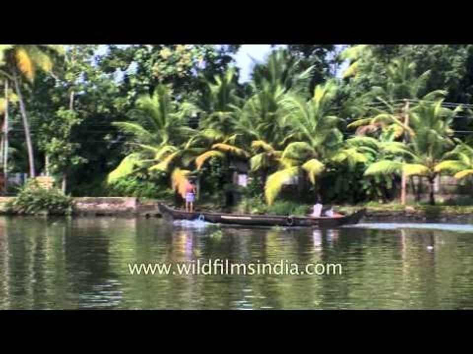 Motor boat sailing down the backwaters of Kerala