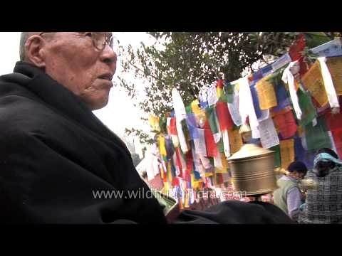 An old man spinning his prayer wheel in Bodhgaya