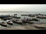 Boats at the river bank of Varanasi ghats