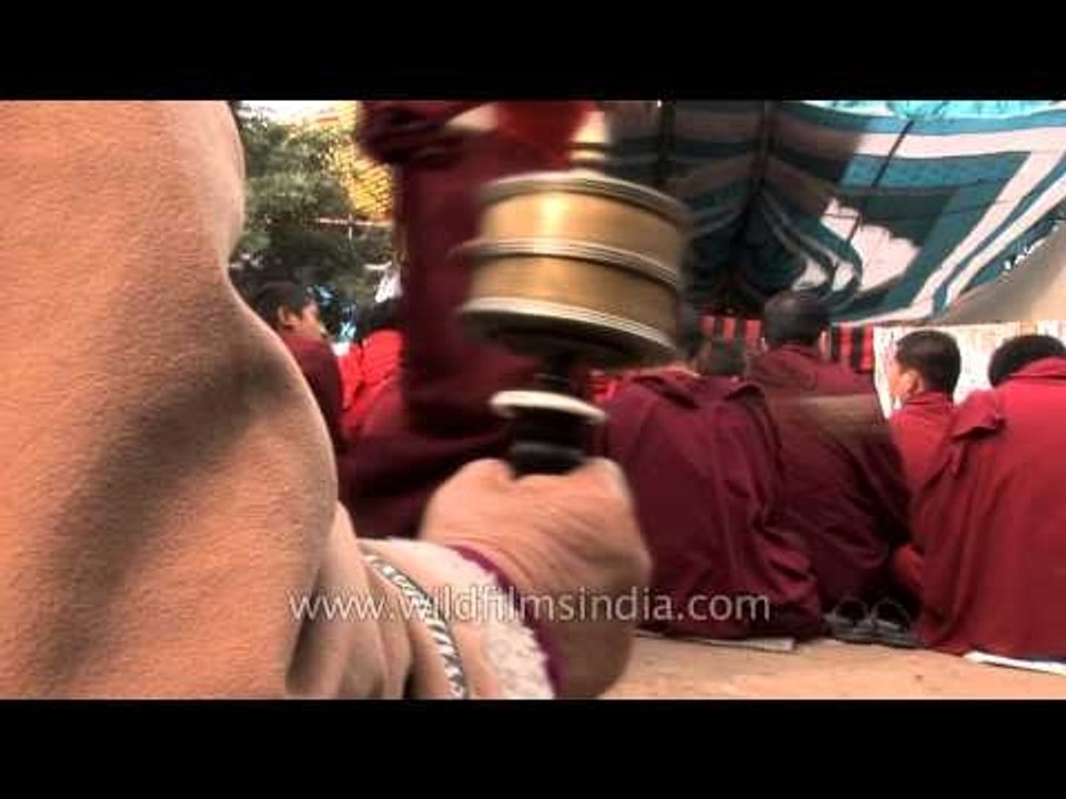 Tibetan woman holds prayer wheel: Kalachakra, Bodhgaya