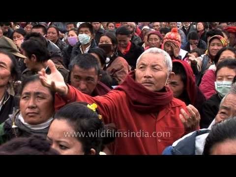 Monks distribute food among Tibetan devotees - Kalachakra, Bodhgaya