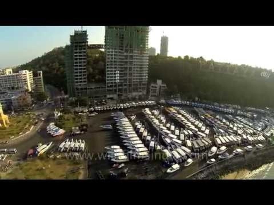 Moored yachts and boats at Pattaya beach : aerial footage