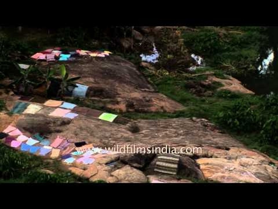 Clothes drying by a river in Kanyakumari