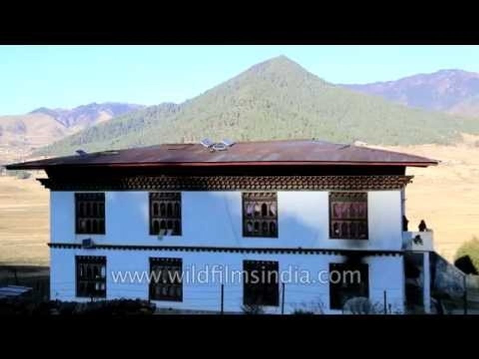 Solar panel installations in central Bhutan's Phobjikha valley