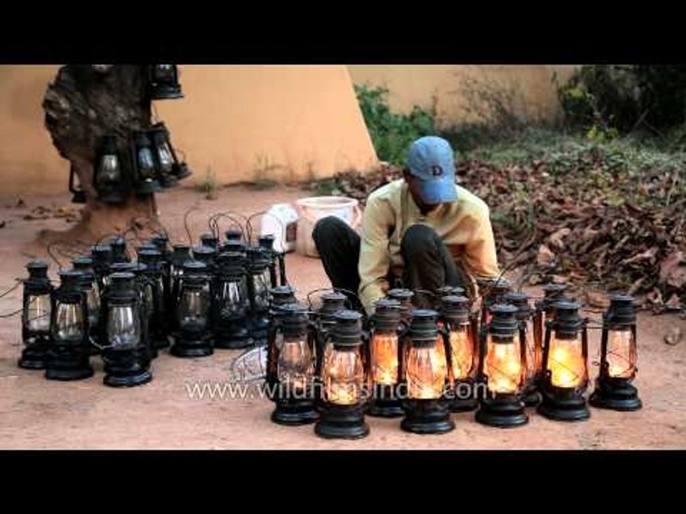 Lanterns being lit at Kanha Earth Lodge, Madhya Pradesh