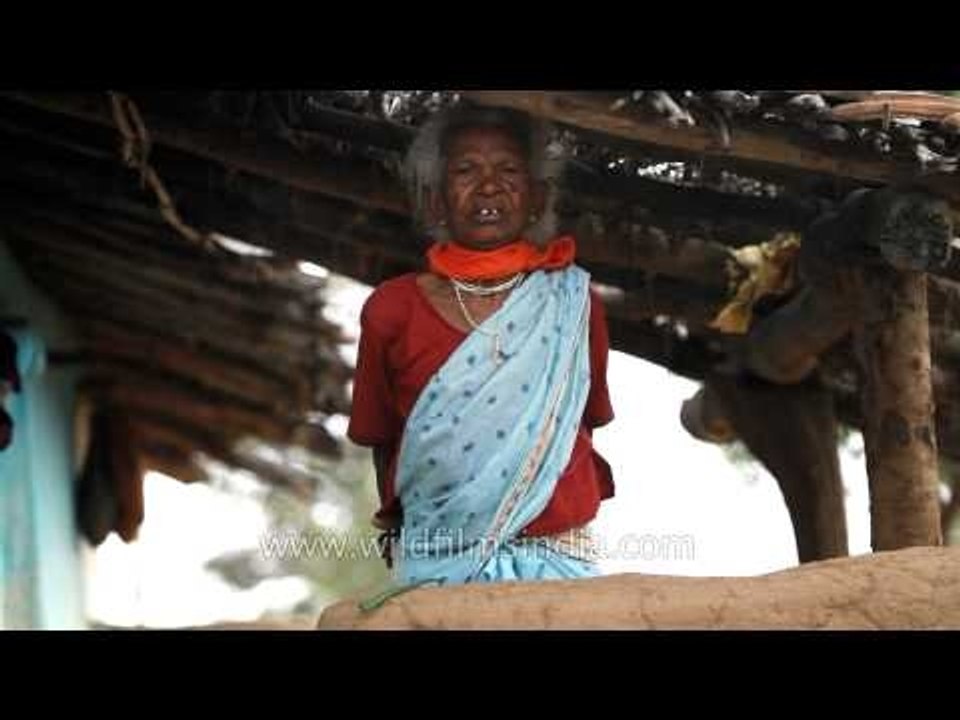 Old Gondi tribal woman standing outside her mud house