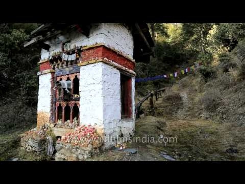 Tsa Tsa cones under a water powered prayer wheel in Bhutan