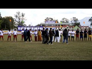 Hockey players shake hands before the match