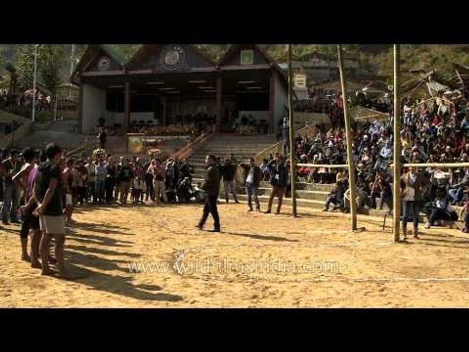 Naga youth at meat-kicking competition, Kisama Village