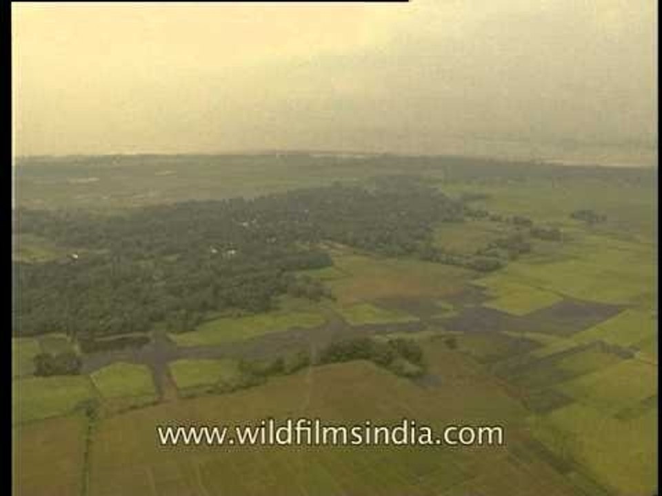 Aerial footage of Brahmaputra riverine flood plains in Assam