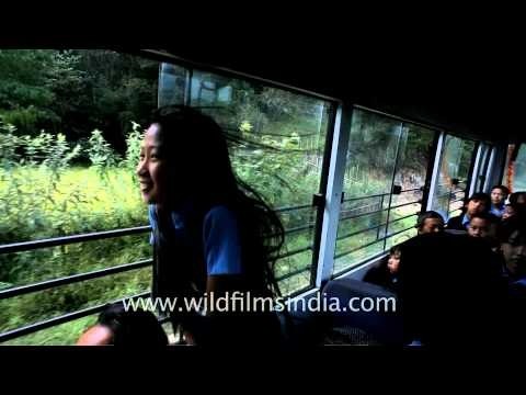 Schoolgirl of Ziro enjoying bus ride, landscape from moving bus