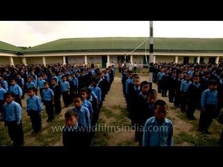 Students singing Indian National Anthem in School Assembly at VKV, Ziro