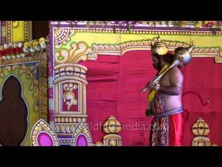Hanuman wins the fight against his son Magadhwaja - A scene from Lav Kush Ramlila