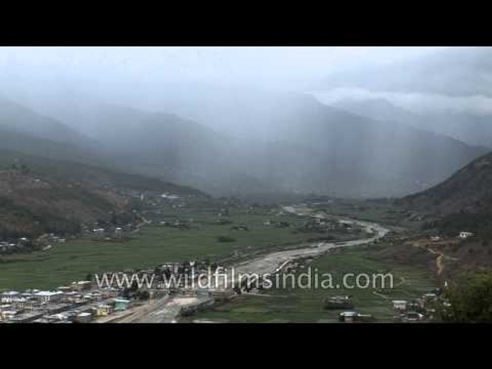 Bhutan - Paro Chhu river and green rice fields as far as the eye can see
