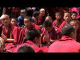 Buddhist monks gather together for prayer