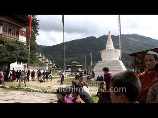 Monastery wall covered with Thangka during the Tsechu festival in Bhutan