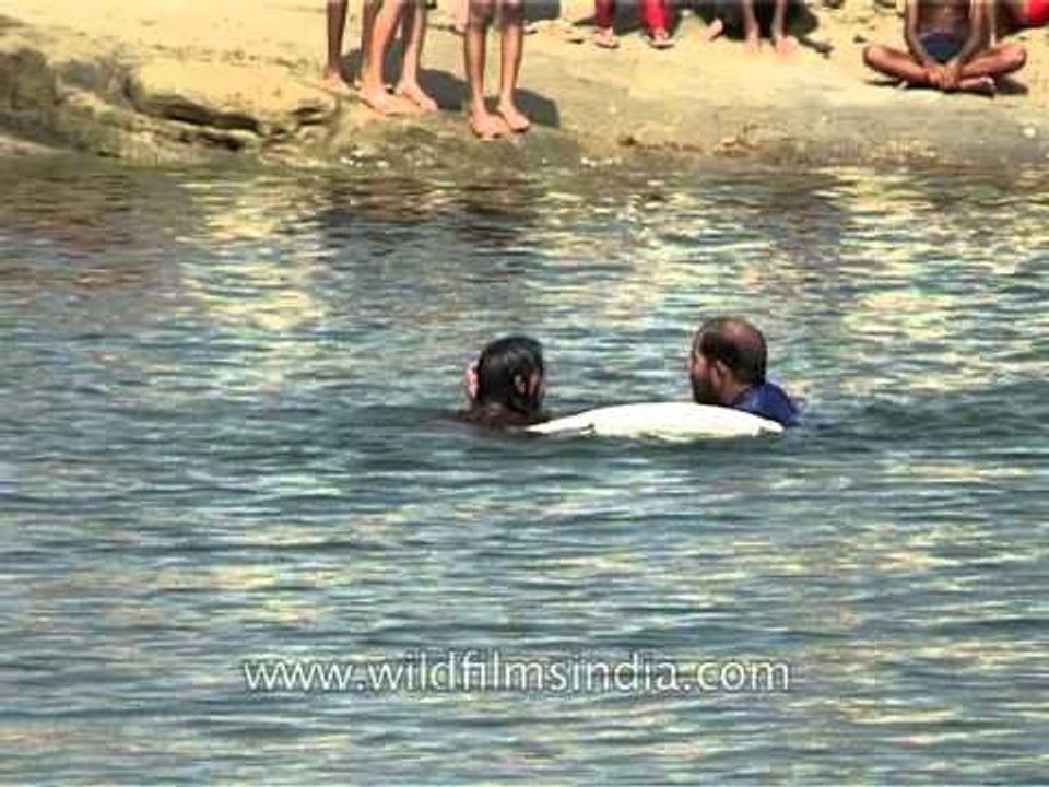 Instructor helping other's to swim