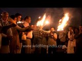 Devotees performing Ganga aarti on the Ghats of Allahabad during Maha Kumbh