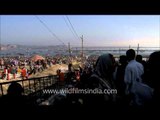A holy throng gathered for Shahi Snan at Sangam during the auspicious occasion of Maha Kumbh