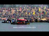 Devotees enjoying a boat ride in Sangam, Allahabad during Maha Kumbh