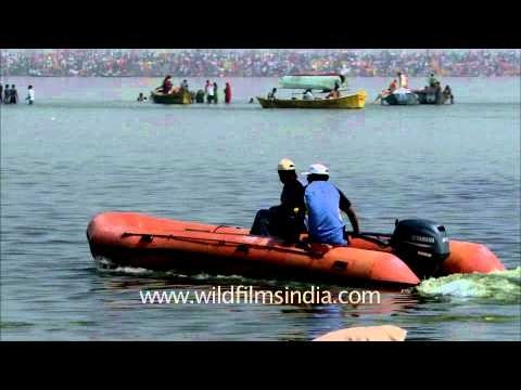 Tourists enjoying a boat ride on the Ganga at the ongoing Maha Kumbh Mela in Allahabad