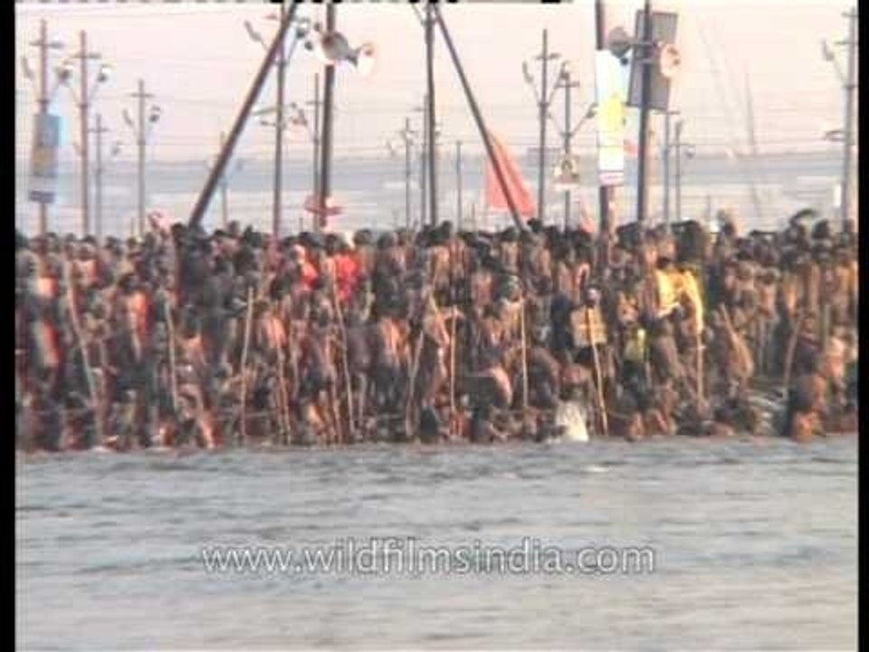 Naga sadhus taking holy dip during Shahi snan at Maha Kumbh 2013