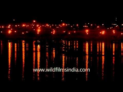 A night view of the banks of 'Sangam,' the confluence of rivers Ganges, Yamuna and Saraswati,