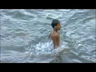 Children splashing around in a river in Kerala