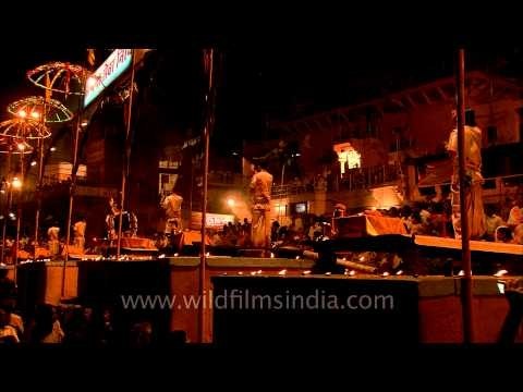 A group of priest performing Ganga Aarti at Varanasi ghat