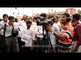 Protest slogans and media persons outside AIIMS, New Delhi