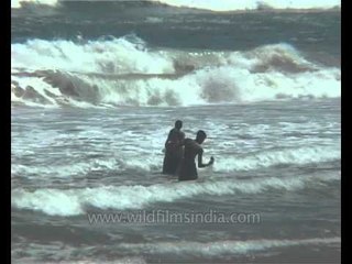 People playing in the waves at Puri Beach, India
