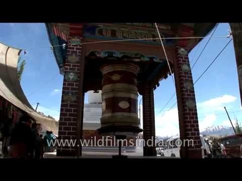 Buddhist prayer wheels rotate endlessly with prayers in Ladakh