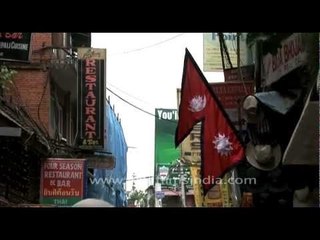 Flag of Nepal, seen in Thamel