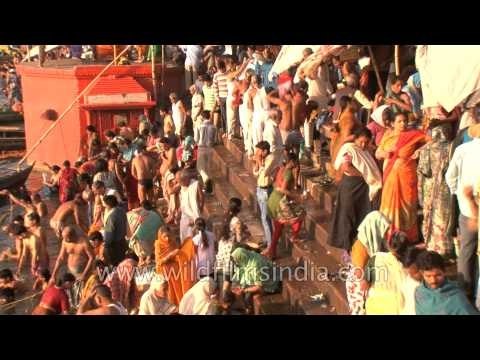Crowd of Hindu pilgrims gather on the banks of River Ganges to celebrate Mahashivratri, Varanasi