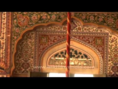 Mosaic wall paintings and priceless chandelier adorn Samode Palace, Jaipur