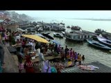 Boats parked near Varanasi ghats on river Ganges