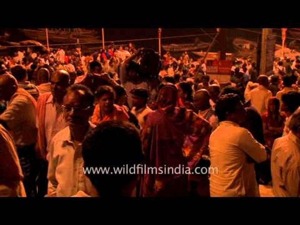 Pilgrims assembling at Ganga ghat in Varanasi for evening Aarti