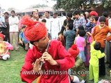 Folk musicians performing in open space at the Jaipur Elephant Festival