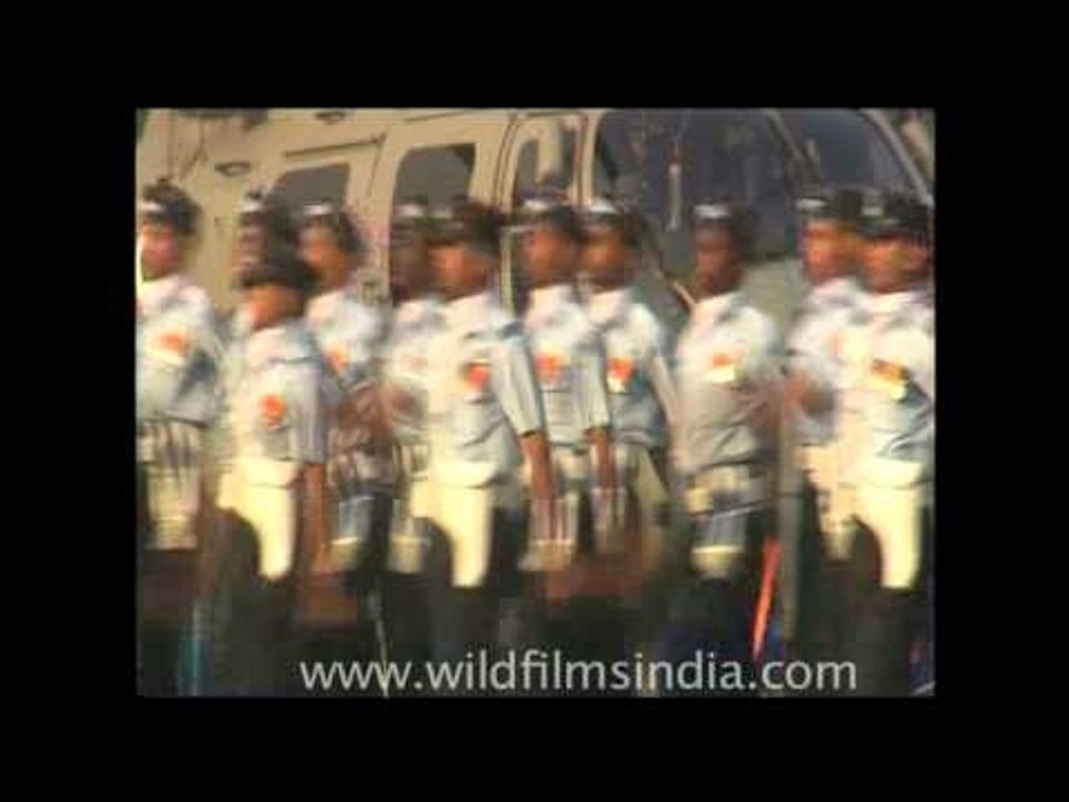 Indian Air Force (IAF) officers march during the 'Indian Air Force Day'