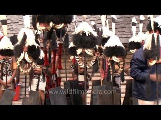 Khiamniungan tribal wear : Headgear, shields and spears!