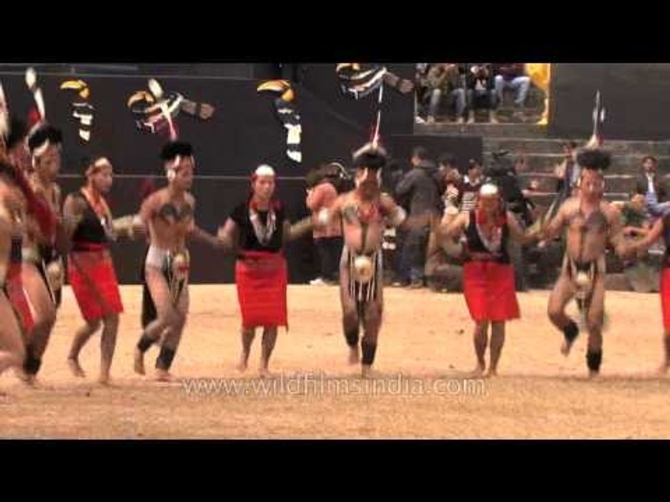 Phom Naga tribes-men dressed scantily and dancing merrily, Nagaland
