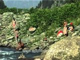 Sadhus bathing in Lidder river en route Amarnath
