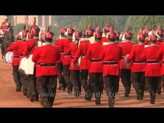 President's military band in red uniforms - Changing of the Guard, Delhi