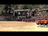 Grand entrance of Nagaland piper bands into the Hornbill venue arena, Kohima