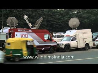 Outside broadcasting vans parked outside Safdarjung hospital