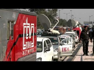 Media OB Vans parked outside Safdarjung Hospital reporting Delhi gang rape news
