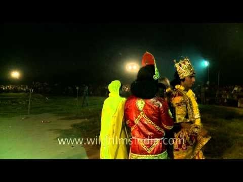 Ramlila actors on the ground to burn Ravana effigy - A Dussehra tradition in India