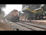 Orchha railway station, with train crossing