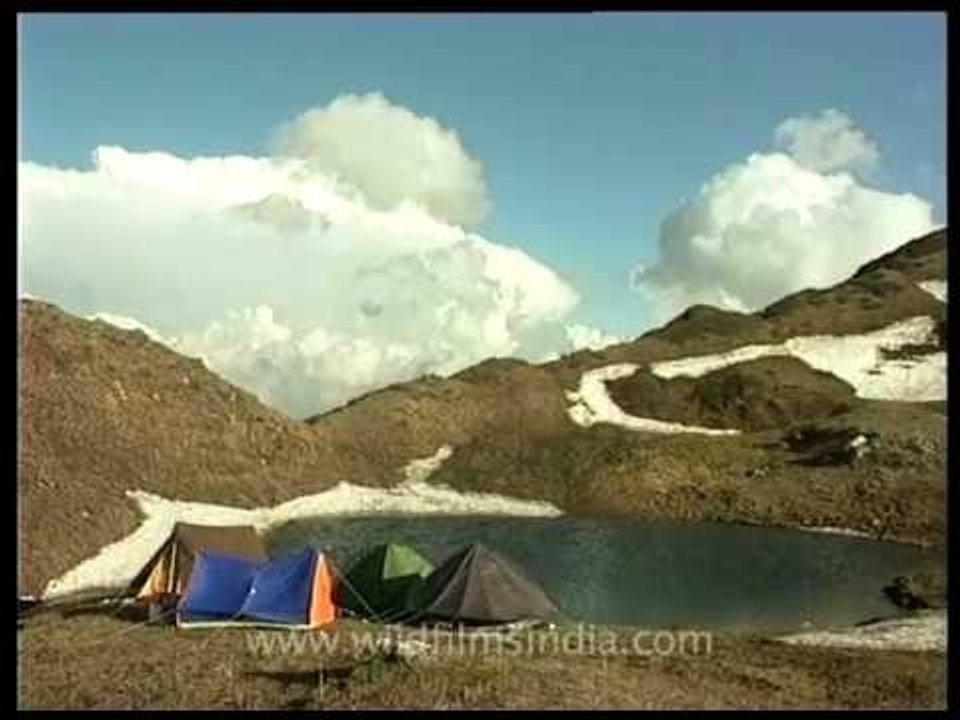 Dodital Darwa Top campsite with a little pond looking to Bakhria Khaga pass