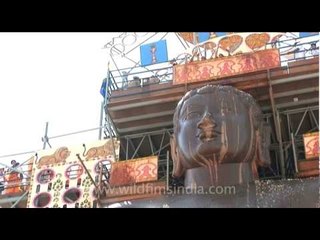 Offerings over the monolith statue of Shravanabelagola on Mahamastakabhisheka